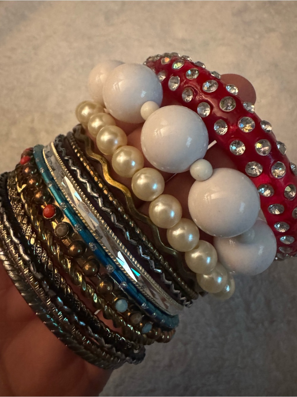 Set of 14 pc . White Beaded Stretch Bracelet with Pearl Accents